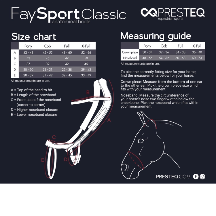 Ogłowie anatomiczne Presteq FaySport Classic - tabela rozmiarów