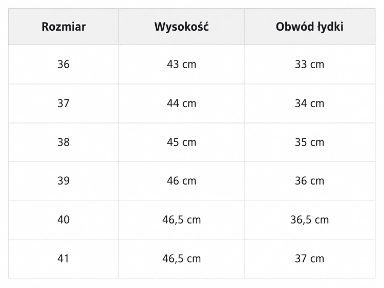 Oficerki jeździeckie York rapido - tabela rozmiarów