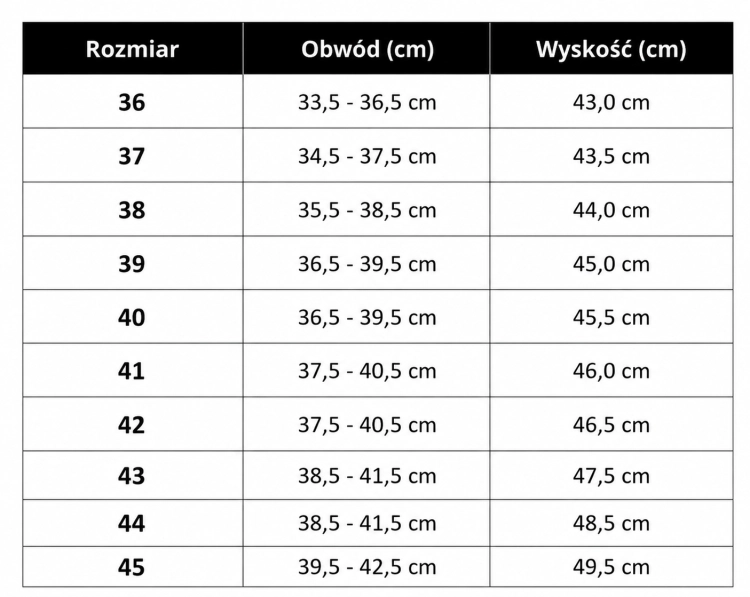 Oficerki jeździeckie HKM Country Winter - tabela rozmiarów