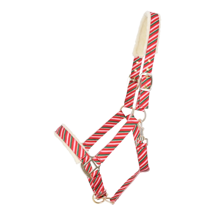 Świąteczny kantar z futerkiem w kolorze czerwonym QHP Christmas Jolly stripe