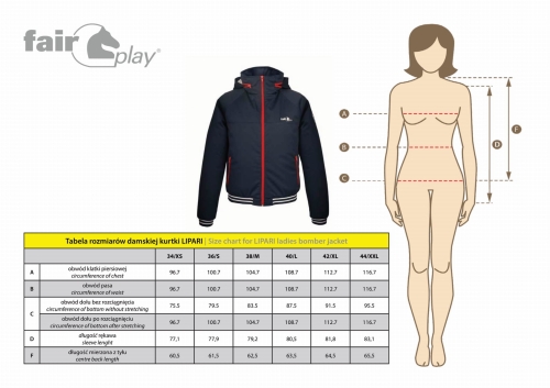 Kurtka jeździecka softshell damska Fair Play Lipari - tabela rozmiarów