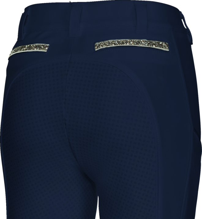 Bryczesy damskie Pikeur Henriette w kolorze night blue zbliżenie na aplikacje na atrapach kieszeni z tyłu