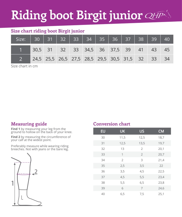 Oficerki jeździeckie dziecięce QHP Junior Birgit w kolorze czarnym - tabela rozmiarów