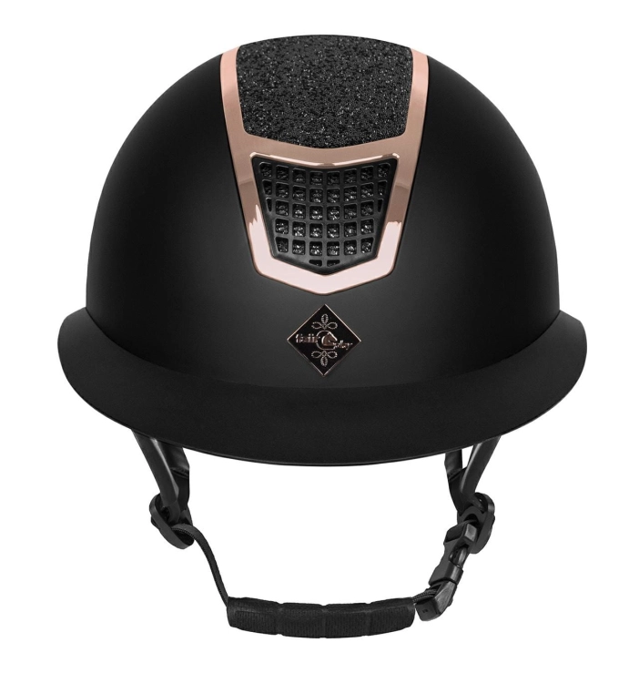 Kask jeździecki z szerokim daszkiem Fair Flay Quantium Eclipse W-V w kolorze black/rosegold widoczny z przodu