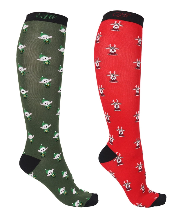 Podkolanówki jeździeckie świąteczne QHP Christmas Elf/Rudolf w dwupaku