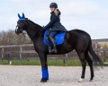 Płaszcz jeździecki zimowy QHP Linde w kolorze granatowym zaprezentowany podczas jazdy konnej