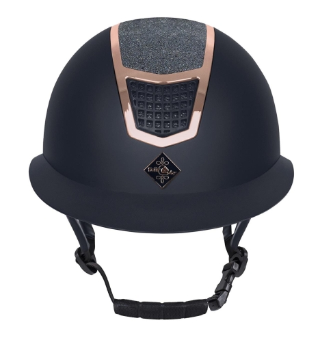 Kask jeździecki z szerokim daszkiem Fair Flay Quantium Eclipse W-V w kolorze navy/rosegold widoczny z przodu