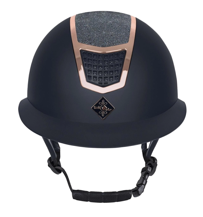 Kask jeździecki z szerokim daszkiem Fair Flay Quantium Eclipse W-V w kolorze navy/rosegold widoczny z przodu