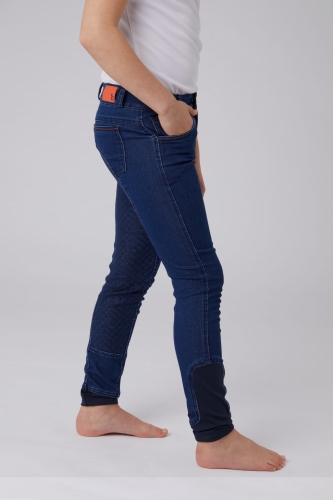 Bryczesy dziecięce jeansowe w kolorze niebieskim Horze Allison zaprezentowane przez modelkę