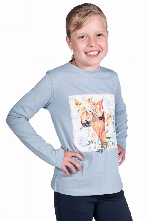 Bluzka dla dziewczynki z końmi HKM Sweet Dreams w kolorze błękitnym zaprezentowana przez modelkę