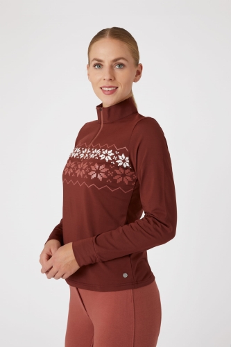 Zimowa bluzka treningowa jeździecka Horze Emily w kolorze brązowym zaprezentowana przez modelkę