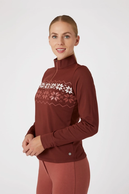 Zimowa bluzka treningowa jeździecka Horze Emily w kolorze brązowym zaprezentowana przez modelkę
