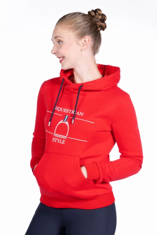 Bluza do jazdy konnej damska HKM Equine Sports w kolorze czerwonym zaprezentowana przez modelkę
