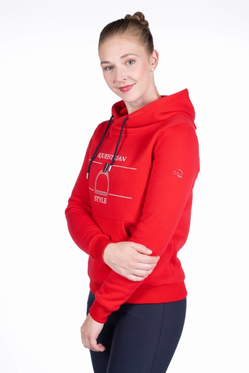 Bluza do jazdy konnej damska HKM Equine Sports w kolorze czerwonym zaprezentowana przez modelkę