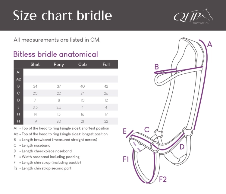 Ogłowie bezwędzdłowe QHP Anatomic - tabela rozmiarów