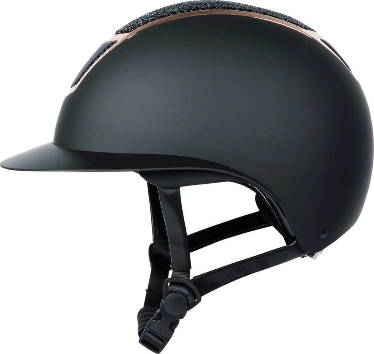Kask jeździecki Harry's Horse Mont Sparkle w kolorze czarnym/rosegold widoczny z boku