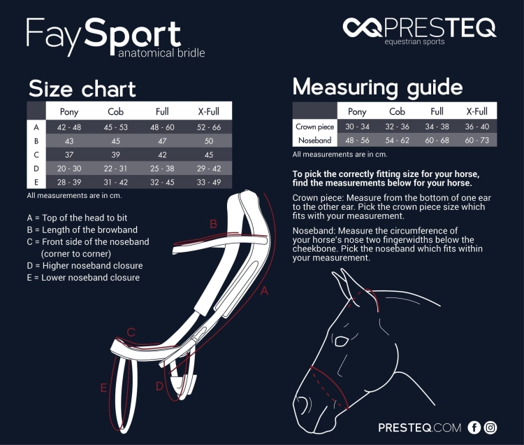 Ogłowie anatomiczne Presteq FaySport - tabela rozmiarów