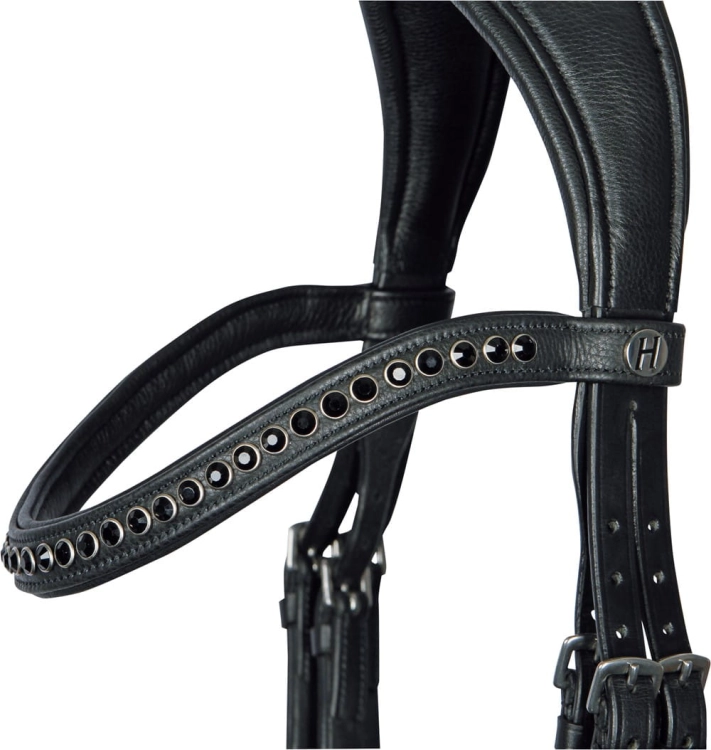 Ogłowie z opadającym naczółkiem Harry's Horse Nero Soft w kolorze czarnym z czarnymi kryształkami