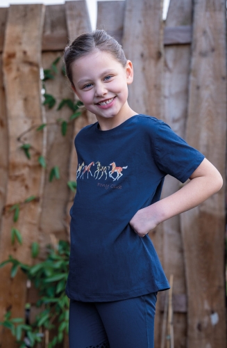 T-shirt dziecięcy z końmi HKM Junior Pony Club w kolorze granatowym