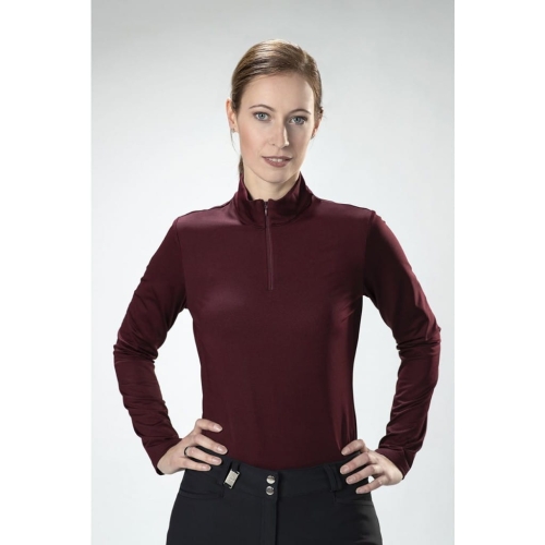Bluzka jeździecka HKM Termo Basic w kolorze bordowym termiczna zaprezentowana przez modelkę