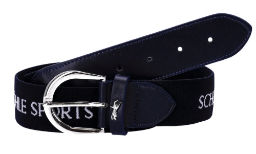 Pasek jeździecki Schockemohle Logo Flexi w kolorze dark blue - zbliżenie na detale na klamrze