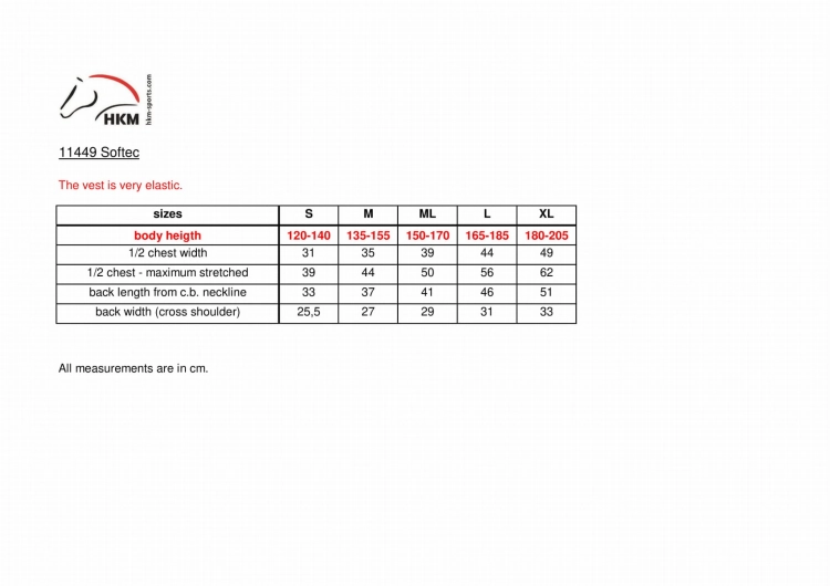 Kamizelka jeździecka ochronna dla dzieci HKM Junior Softec - tabela rozmiarów