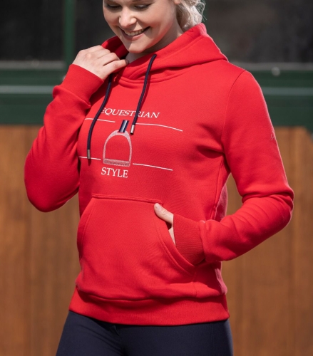 Bluza jeździecka damska HKM Equine Sports w kolorze czerwonym zaprezentowana przez modelkę