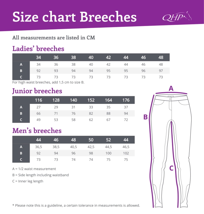 Bryczesy dla dziecka QHP Junior - tabela rozmiarów