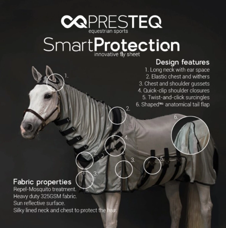 Derka dla konia przeciw owadom z kapturem Presteq Smart Protection na koniu