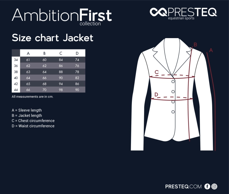 Frak konkursowy Presteq Ambition - tabela rozmiarów