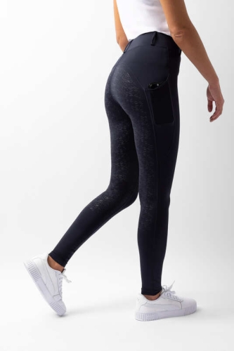 Breginsy jeździeckie Horze Dea w kolorze dark navy zaprezentowane przez modelkę, widoczne z tyłu