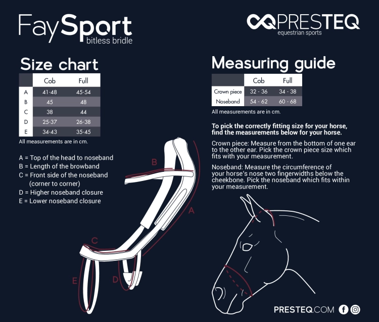 Ogłowie anatomiczne Presteq FaySport - tabela rozmiarów