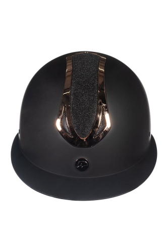 Kask jeździecki HKM Illusion w kolorze czarnym z elementami rosegold widoczny z przodu