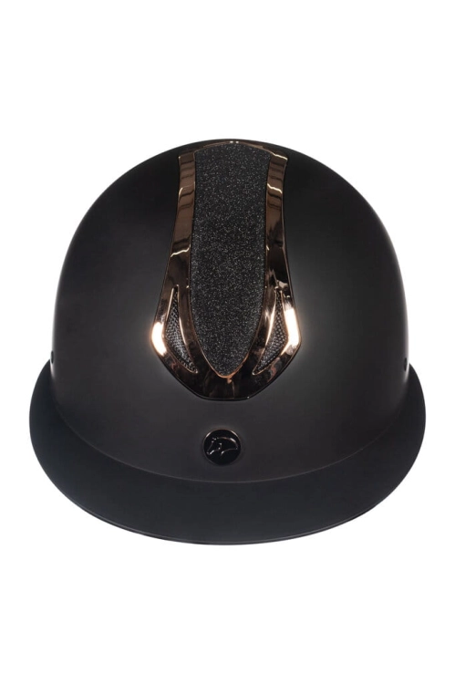 Kask jeździecki HKM Illusion w kolorze czarnym z elementami rosegold widoczny z przodu