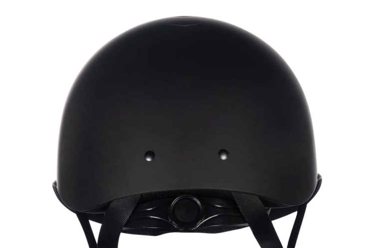 Kask jeździecki HKM Illusion w kolorze czarnym z elementami rosegold widoczny z tyłu