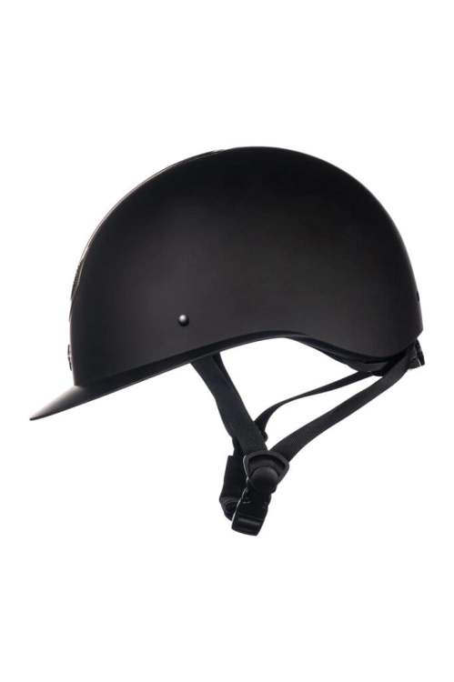 Kask jeździecki HKM Illusion w kolorze czarnym z elementami rosegold widoczny z boku