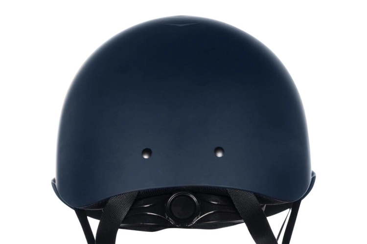 Kask jeździecki HKM Illusion w kolorze granatowym z elementami złotymi widoczny z tyłu