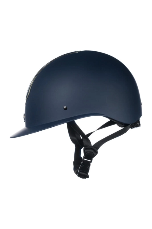 Kask jeździecki HKM Illusion w kolorze granatowym z elementami złotymi widoczny z boku