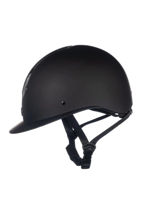 Kask jeździecki HKM Illusion w kolorze czarnym z elementami srebrnymi widoczny z boku
