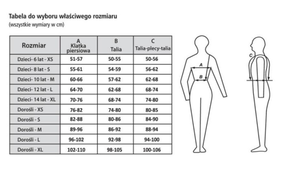 Kamizelka jeździecka ochronna dla dorosłych York Equi-Plus - tabela rozmiarów