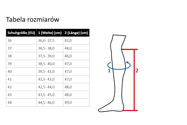 Oficerki jeździeckie z szeroką cholewką HKM Amalfi Lack - tabela rozmiarów