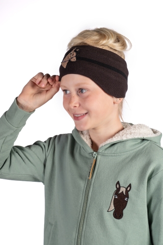 Opaska zimowa na głowę dziecięca HKM Junior MIA w kolorze brązowym zaprezentowana przez modelkę