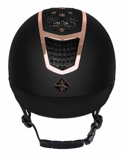 Czarny kask jeździecki Fair Play Quantinum z elementami rosegold widoczny z przodu