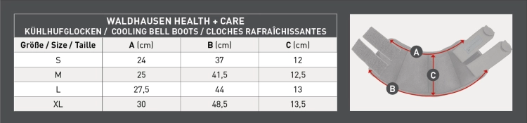 Chłodzące kalosze dla konia (para) Waldhausen Health + Care Cooling Bell Boots - tabela rozmiarów
