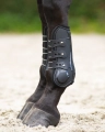 Ochraniacze dla konia na przednie nogi QHP Champion w kolorze czarnym na koniu