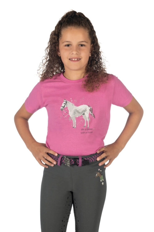 T-shirt jeździecki dziecięcy HKM Junior Sparkle w kolorze różowym