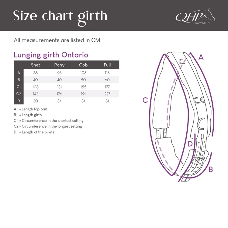 Pas do lonżowania QHP Ontario - tabela rozmiarów