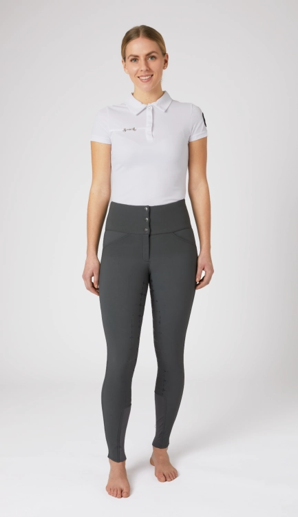 Bryczesy damskie  Horze Desiree w kolorze charcoal grey zaprezentowane przez modelkę widoczne z przodu