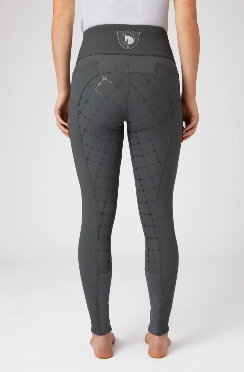 Bryczesy damskie  Horze Desiree w kolorze charcoal grey zaprezentowane przez modelkę widoczne z tyłu